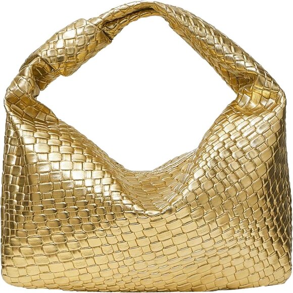 Everyday Elegance: Gold Woven Hobo Bag with Ruched Design & Spacious Interior - Picture 1 of 6